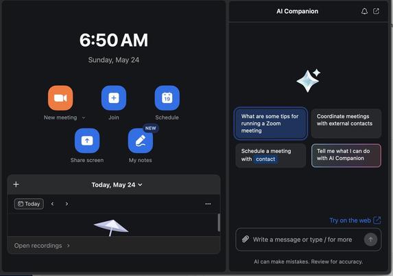 The image displays a Zoom user interface featuring a time display (6:50 AM, Sunday, May 24) on the left, with icons for a new meeting, joining a meeting, scheduling, sharing a screen, and notes. The right side shows an AI Companion panel with a prompt box at the bottom and different boxes offering ideas for what to ask such as scheduling or coordinating meetings.