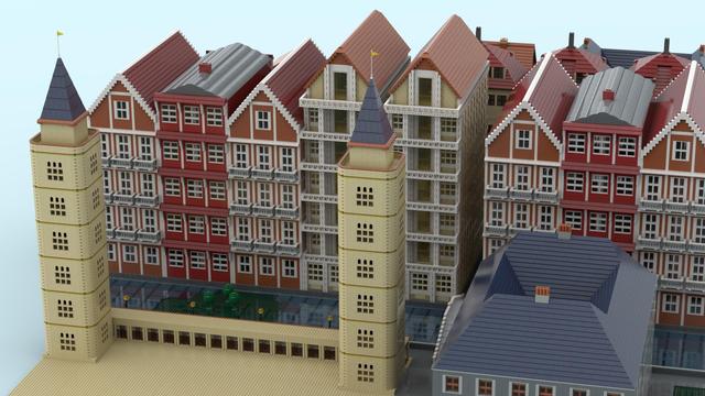 Rendering eines Legomodells, das eine Reihe (sich wiederholender) schmaler Kaufmannshäuser, eine modernere Interpretation davon, ein Haus, das vage an Pariser Blöcke erinnert und ein bisher nur aus zwei Türmen bestehendes Schloss an einem Fluss zeigt.