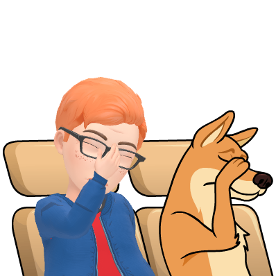 Bill’s avatar and a dog both cringe, covering their eyes with their hand or paw. 