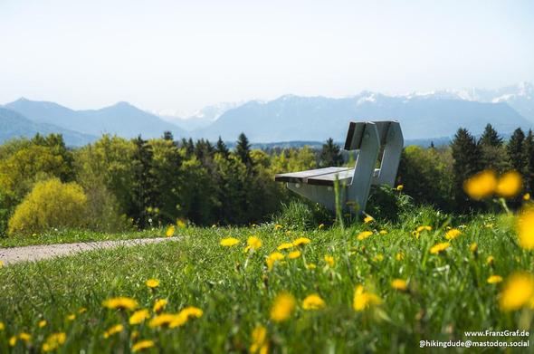 This image captures a tranquil and inviting scene in a mountainous landscape. The foreground is dominated by a lush, green meadow dotted with vibrant yellow dandelions, adding a splash of color and natural charm. The meadow stretches out, creating a sense of openness and serenity.

A modern bench is positioned on the right side of the image, facing the breathtaking view. The bench, with its sleek design, provides a place for rest and contemplation, inviting viewers to imagine themselves sitting…