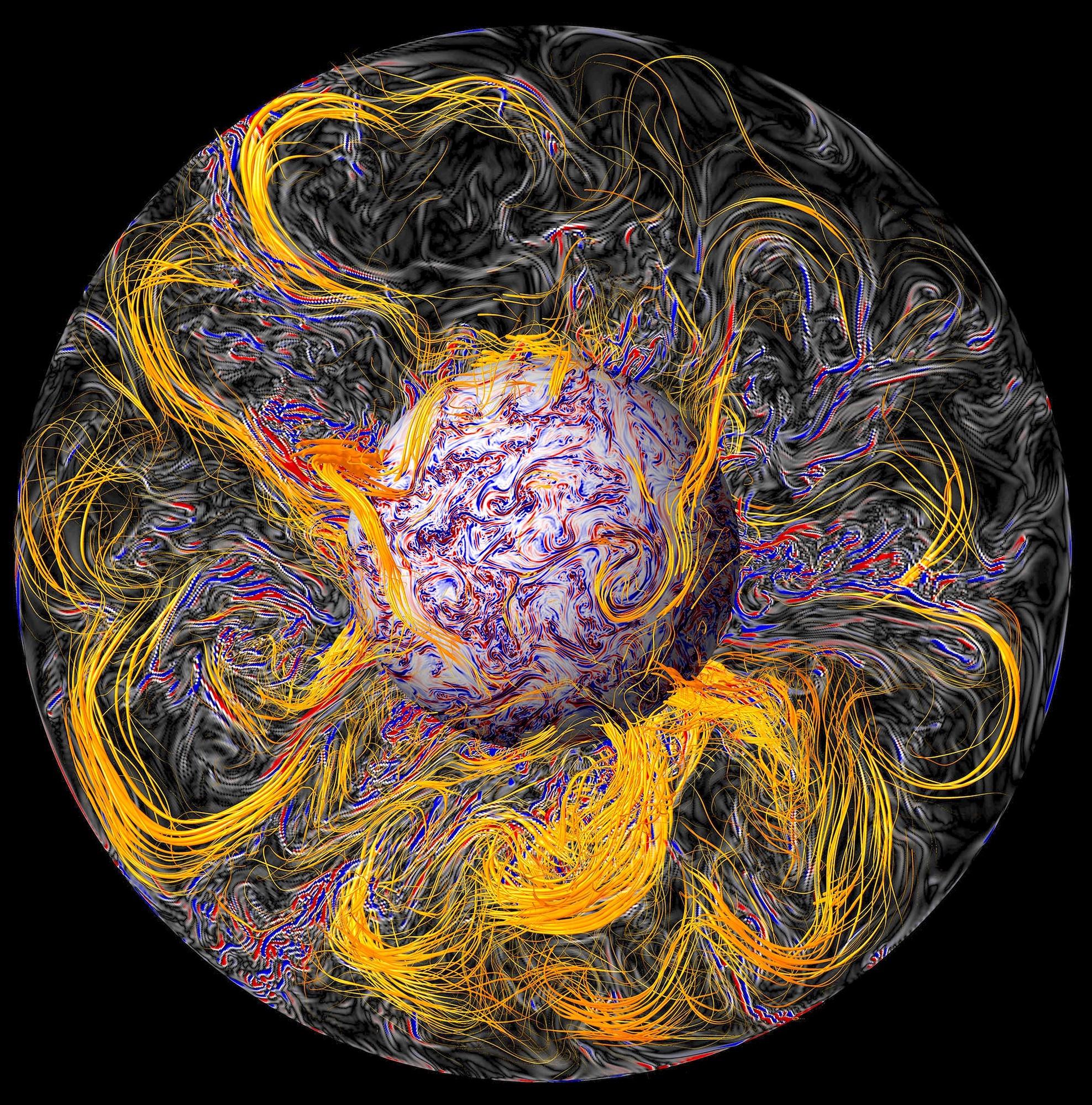 Earth’s core as modeled in the numerical geodynamo simulation as part of research into geomagnetic jerks and rapid hydromagnetic waves published as the cover story in Nature Geosciences, May 2018. The magnetic field lines (orange) are stretched, twisted and folded by the turbulent convection producing shear of electrically conducting fluid (red and blue). Hydromagnetic waves are triggered when the shear is misaligned with field lines, and propagate along these lines to the surface of the core where they can focus and cause geomagnetic jerks.