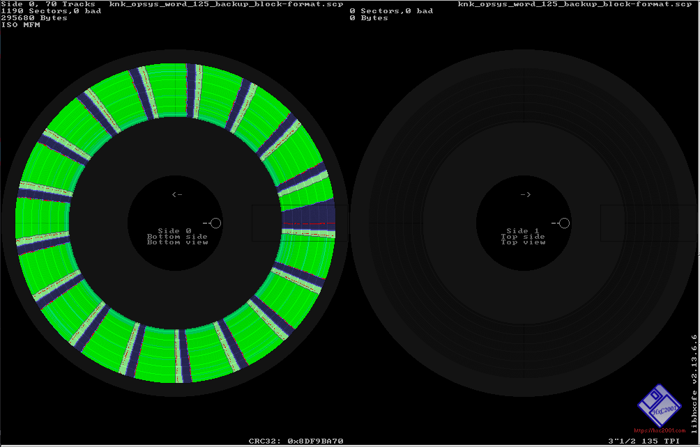 round green "disk image" visualization generated by the HxC floppy analysis tool.