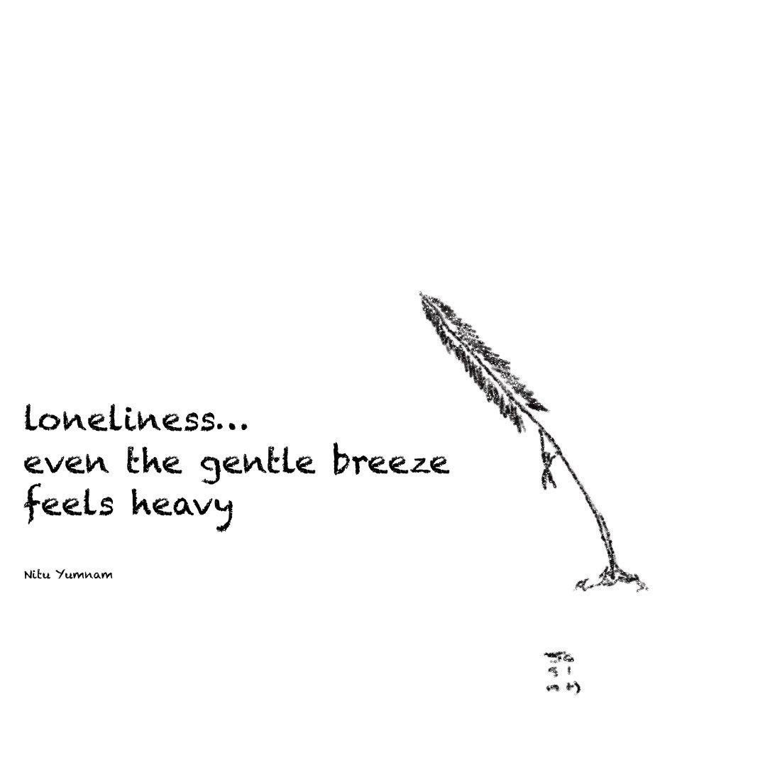 In a collaborative #haiga with #drawing by Josiah and #haiku by Nitu Yumnam, a tall slender pine is shown, bending to one side. Is it bending in the wind? Or is the tiny stick figure clinging to the trunk half way up, somehow pulling it down? Or is that a spider?” The accompanying haiku reads,  loneliness even the gentle breeze feels heavy   Nitu is from #India and lives in the UAE. She is a Japanese poetry enthusiast and finds that #poetry makes her more attentive to life’s small wonders.