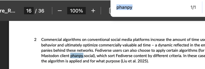 Screenshot of a PDF page with text about social media algorithms, with the word “phanpy” highlighted in a search box.