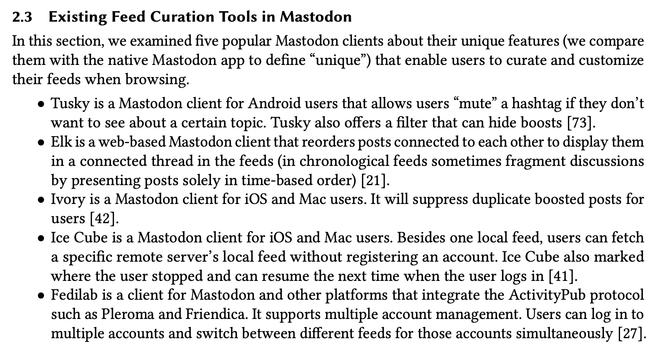 A document page titled “Existing Feed Curation Tools in Mastodon,” showing a bulleted list describing five Mastodon clients: Tusky, Elk, Ivory, Ice Cubes, and Fedilab.