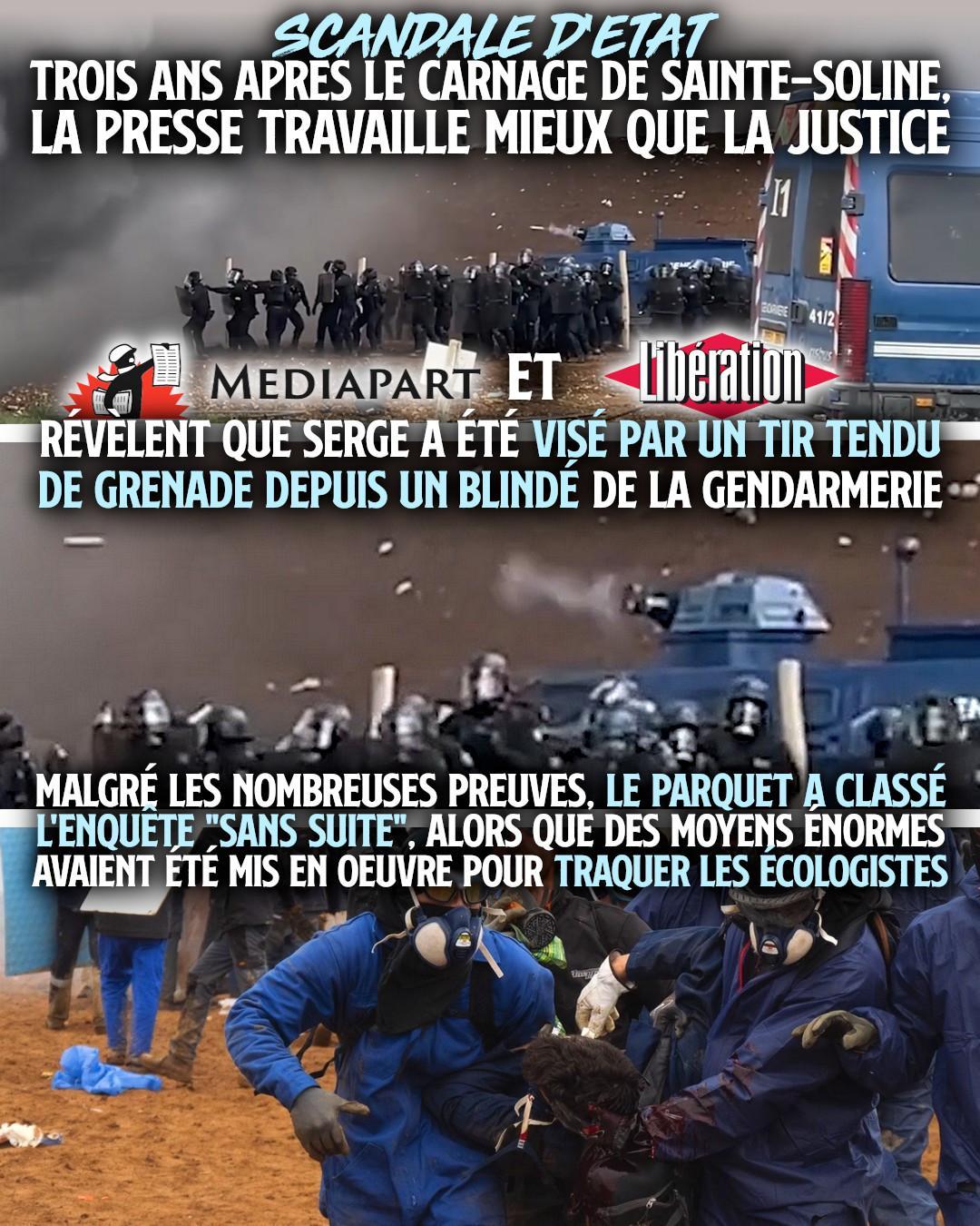 Sous deux angles différents, le tir de grenade qui a plongé Serge dans le coma provient de la tourelle d'un blindé, positionné pour protéger la bassine de Sainte-Soline, soit un trou dans la terre. Sous deux angles différents, le tir de grenade qui a plongé Serge dans le coma provient de la tourelle d'un blindé, positionné pour protéger la bassine de Sainte-Soline, soit un trou dans la terre.