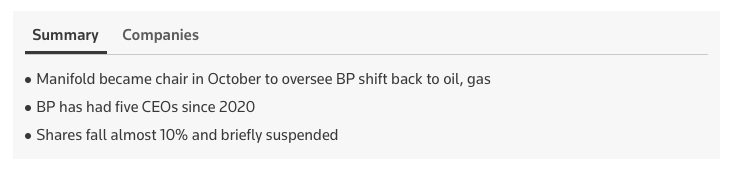 Summary

Manifold became chair in October to oversee BP shift back to oil, gas
BP has had five CEOs since ​2020
Shares fall almost 10% and briefly suspended
