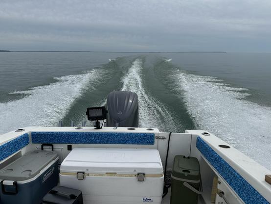 A photo of the stern of a fishing boat. Three coolers can be seen at the rear and the 225 HP outboard is easily cutting through the calm waters of Lake Erie around Kelly's Island.