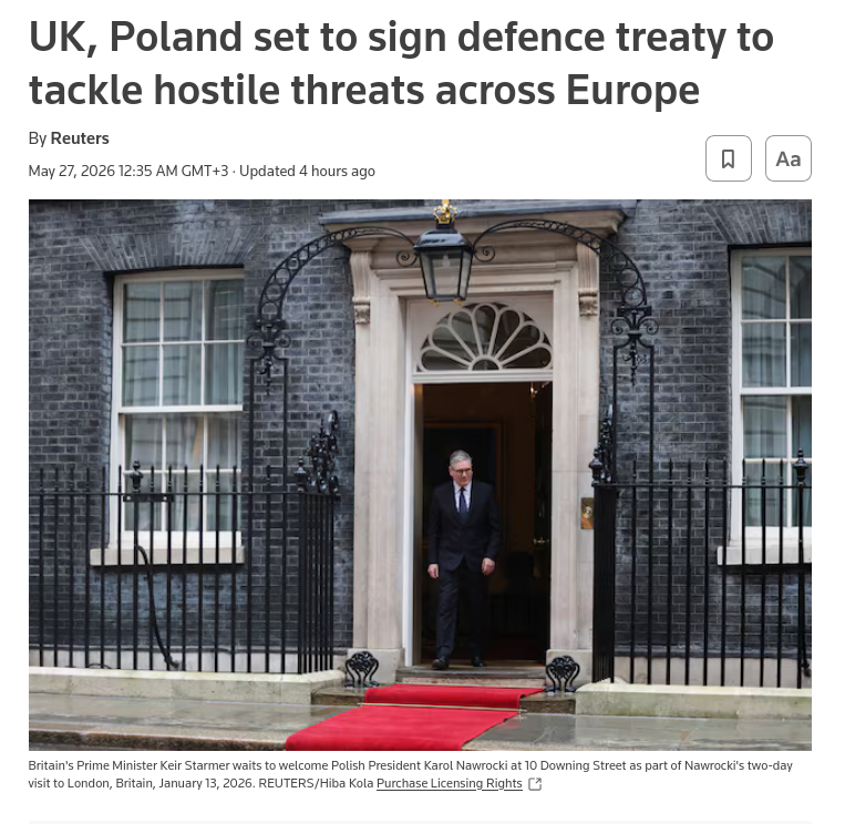 Britain will sign a new defence and security treaty with Poland on Wednesday to strengthen defence cooperation in the face of increasing hostile threats across Europe, the government said, following similar deals with France and Germany. #Russia #EU #Poland #UK