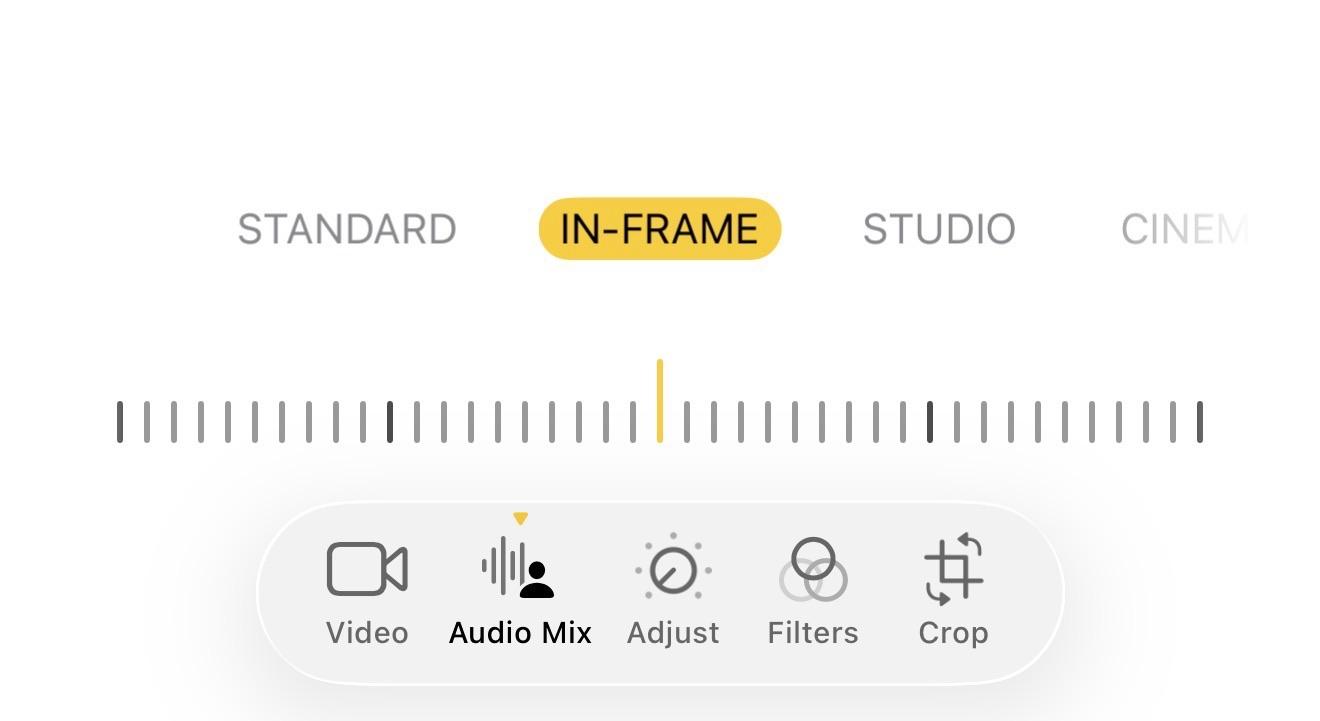 Screenshot of adjustments to audio called Audio Mix. "In frame" is highlighted. There's an adjustment tuner and more options for editing - video, adjustment, filters, crop. 