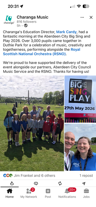 Screenshot from L*nkedIn:

Charanga's Education Director, Mark Cardy, had a fantastic morning at the Aberdeen City Big Sing and Play 2026. Over 3,000 pupils came together in Duthie Park for a celebration of music, creativity and togetherness, performing alongside the Royal Scottish National Orchestra (RSNO).
We're proud to have supported the delivery of the event alongside our partners, Aberdeen City Council Music Service and the RSNO. Thanks for having us!