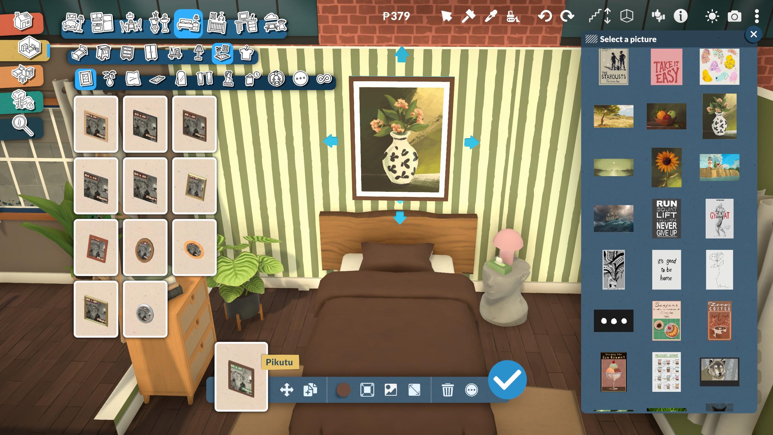 A screen capture from gameplay of Paralives showing a bedroom wall behind a full sized bed. The wall is green and white vertical stripes with a single framed painting centered above the bed. The HUD shows that you're in build mode and editing the frame above the bed displaying a column of image options and frame customization at the center bottom of the frame.