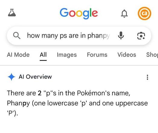 Screenshot of a Google search for “how many ps are in phanpy,” showing an AI Overview saying Phanpy has 2 “p”s.