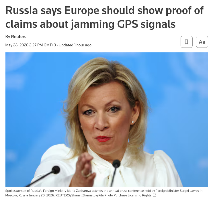 Russias foreign ministry said ​on Thursday that Europe should show some ‌proof of its allegations that Moscow is jamming GPS signals in Europe. #Russia #EU #GPS