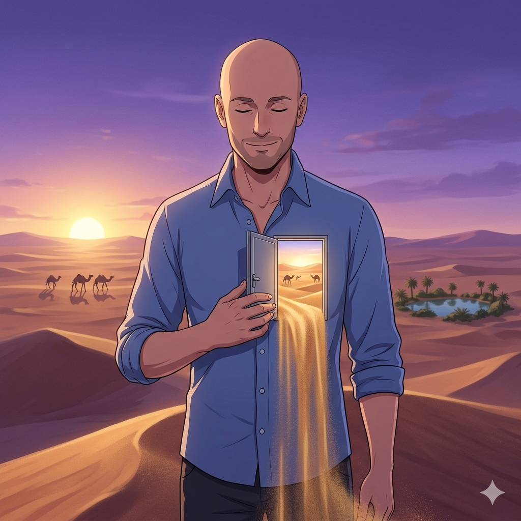 Io in stile anime dal cui cuore esce sabbia del deserto