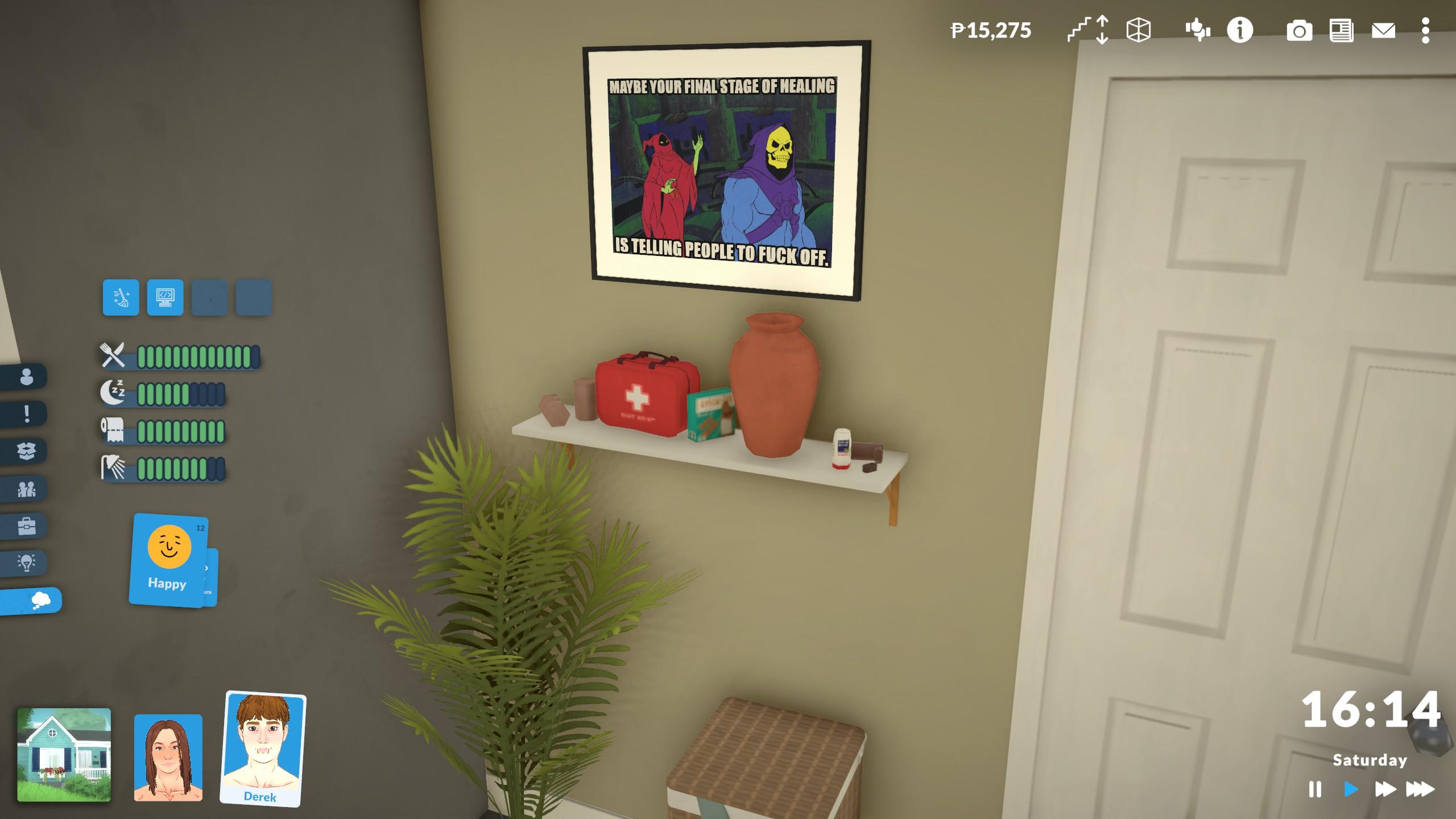 Screenshot of gameplay in Paralives focusing on a wall to the left of a door with a shelf of medical supplies and a random pot. Above the shelf is a thin black framed picture of a Skeletor meme that reads, "MAYBE YOUR FINAL STAGE OF HEALING IS TELLING PEOPLE TO FUCK OFF."