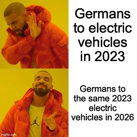Meme: Germans to electric vehicles in 2023: No
Germans to the 2023 electric vehicles in 2026: O yes