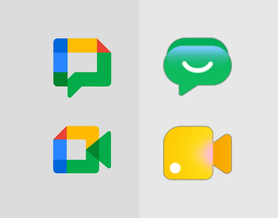 A side-by-side design comparison of Google Workspace app icons on a split white and light-gray background. On the left are the 2020 four-color (blue, red, yellow, green) geometric icons for Google Chat and Google Meet. On the right are their updated, simplified versions: Google Chat is a solid green rounded speech bubble with a white smile accent, and Google Meet is a bright yellow-and-orange gradient video camera icon.