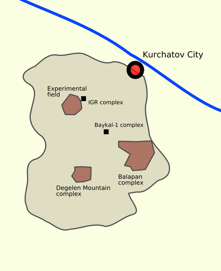 Die verschiedenen Einrichtungen sind innerhalb des Semipalatinsk-Testgeländes angesiedelt
Autor: en:User:Finlay_McWalter, https://en.wikipedia.org/wiki/User:Finlay_McWalter
Lizenz: CC BY-SA 3.0