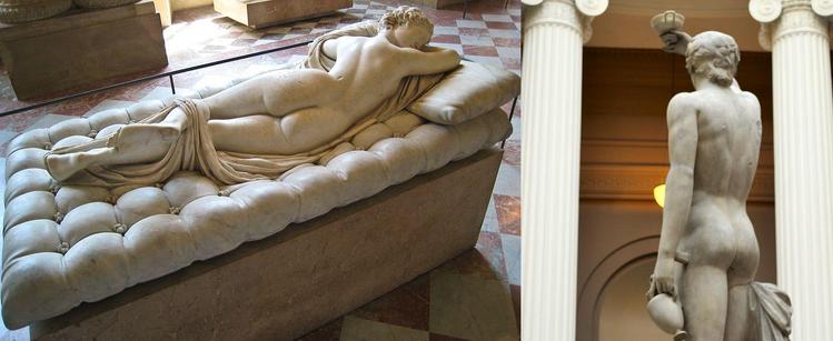 Two photos side by side, one of the sleeping Heramphroditus sculpture in the Louvre, seen from behind, so that the beautiful buttocks and gorgeous back are in focus. The other is Antinous, beloved of Roman Emperor Hadrian, also shown from behind. He is raising a cup over his head as if to toast, standing upright, his buttocks tight and firm.
