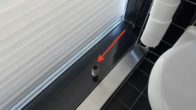 Auf einer seitlichen Ablage steht eine Kartonrolle von einer aufgebrauchten Rolle Klopapier. Hintendran ist der Vorrat an ungebrauchten Rollen. Der geschlossene Klodeckel der Toilette ist zur Hälfte auf dem Foto abgebildet.