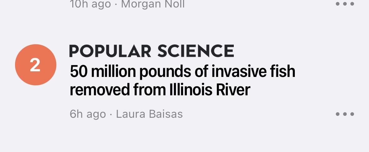 News headline reading "50 million pounds of invasive fish removed from illinois river"