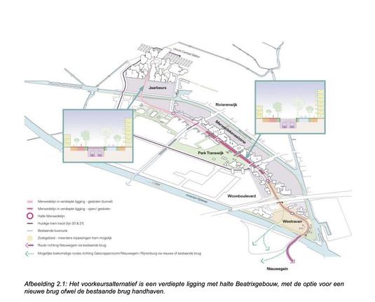 Route geplande Merwedelijn min of meer parallel aan de bestaande tramlijn.