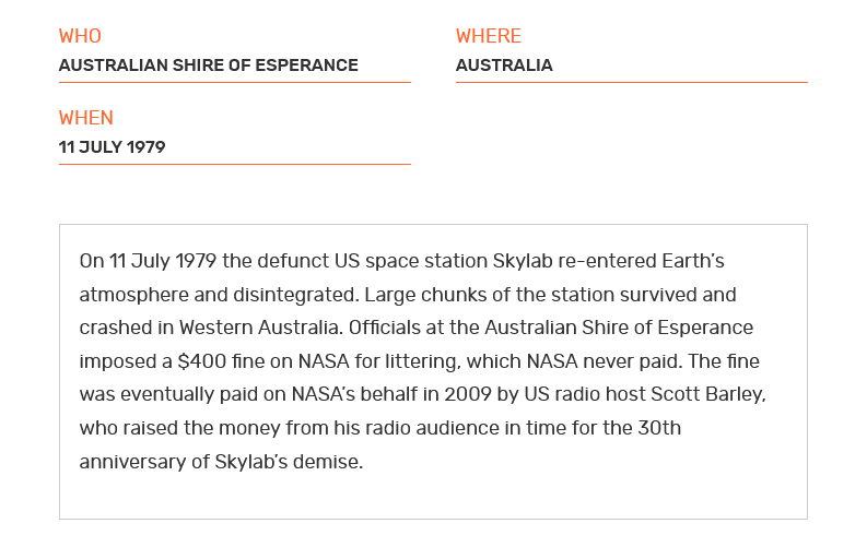 A screenshot saying "On 11 July 1979 the defunct US space station Skylab re-entered Earth’s atmosphere and disintegrated. Large chunks of the station survived and crashed in Western Australia. Officials at the Australian Shire of Esperance imposed a $400 fine on NASA for littering, which NASA never paid. The fine was eventually paid on NASA’s behalf in 2009 by US radio host Scott Barley, who raised the money from his radio audience in time for the 30th anniversary of Skylab’s demise."