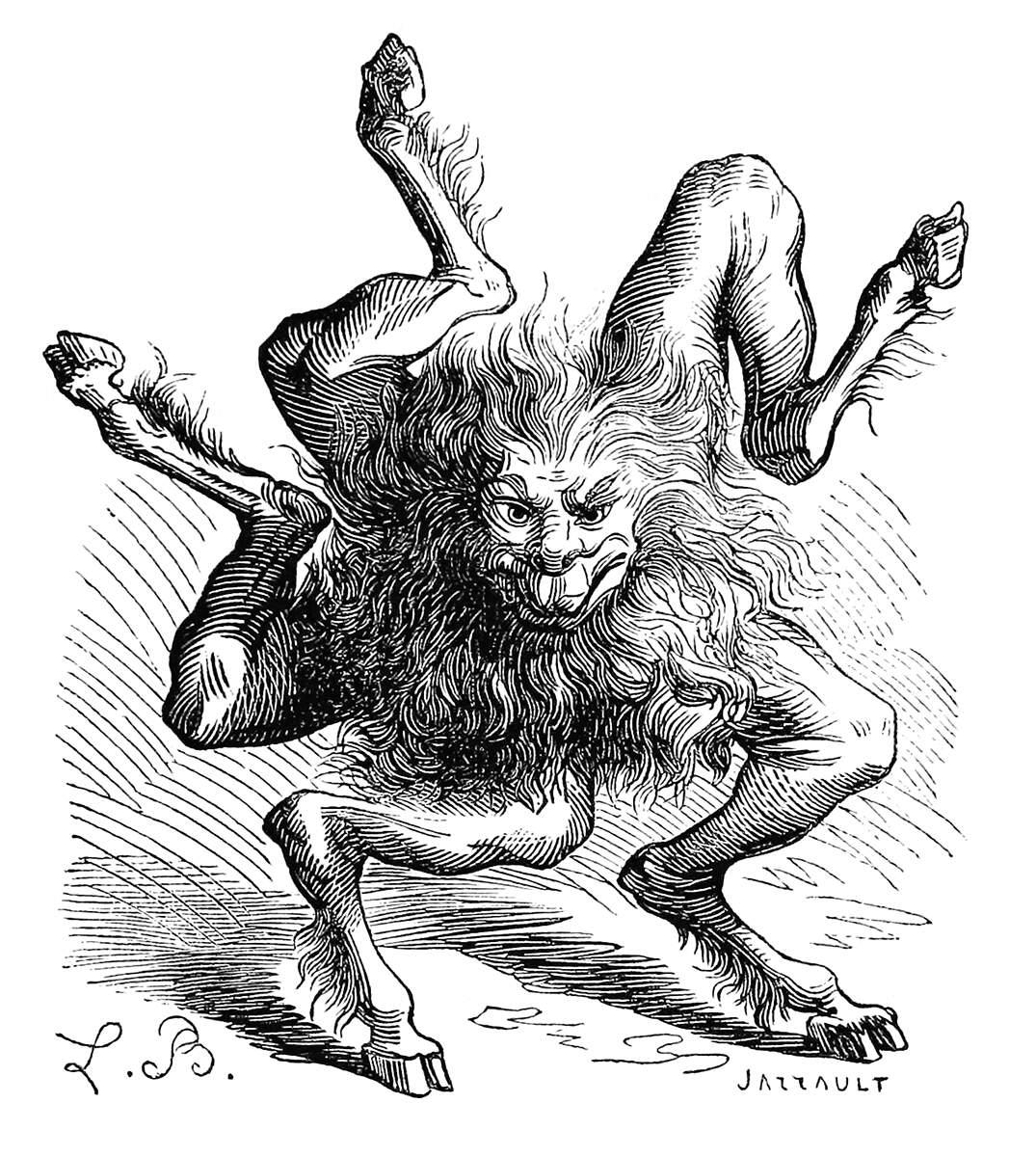 Depiction of Buer, rendered with a lion’s head and five legs splaying outward like spokes from a wheel. The author describes him as a second-rank demon and “president” of Hell. He instructs in philosophy, logic, and herbal medicine, while also promising loyal servants and cures for the sick. He has fifty legions under his command.