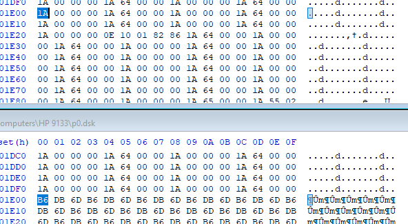 hex dump showing one file with data and another with an empty sector where data would have been. the fill pattern is "B6 DB" repeating.