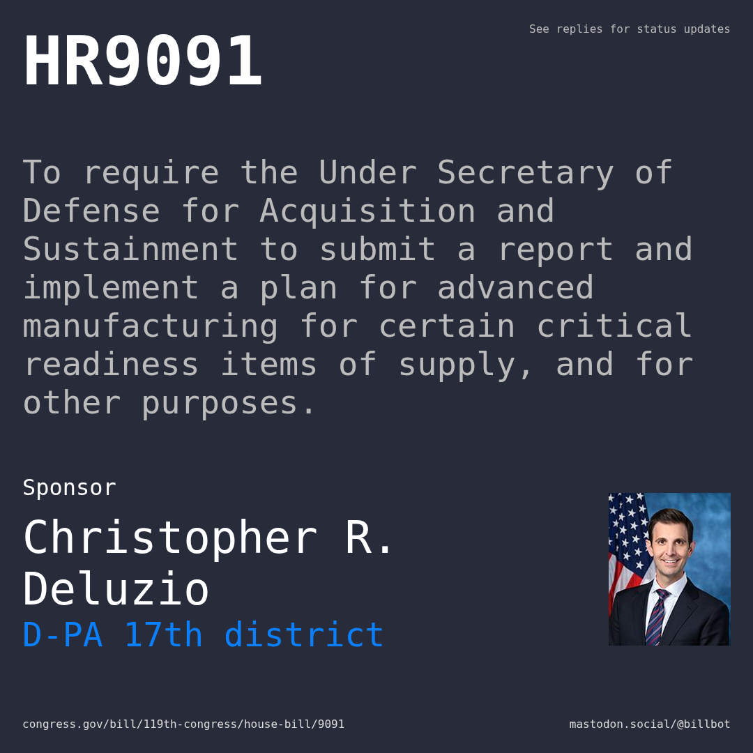 Description of HR9091, and a depiction of its sponsor, Christopher R. Deluzio.