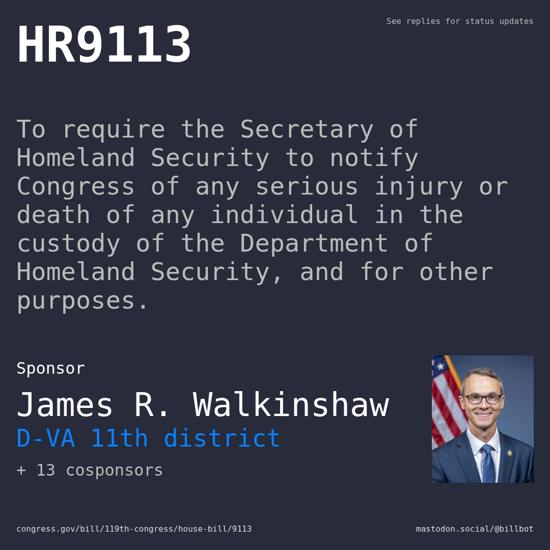 Description of HR9113, and a depiction of its sponsor, James R. Walkinshaw.