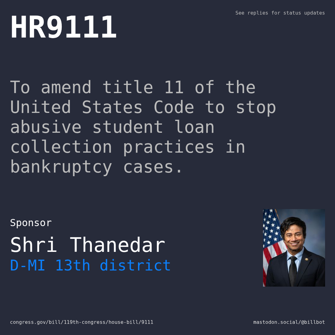 Description of HR9111, and a depiction of its sponsor, Shri Thanedar.