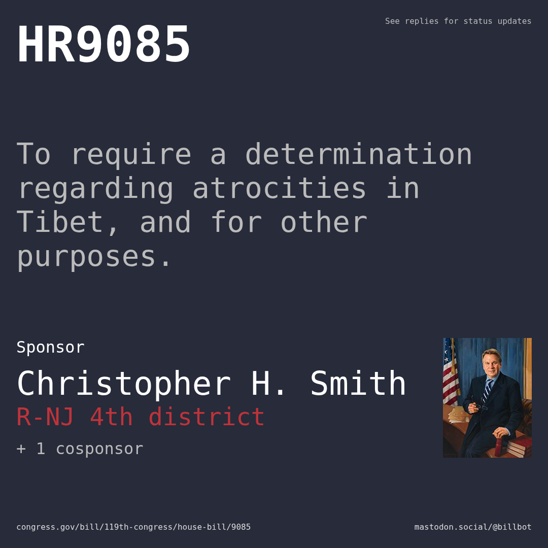 Description of HR9085, and a depiction of its sponsor, Christopher H. Smith.