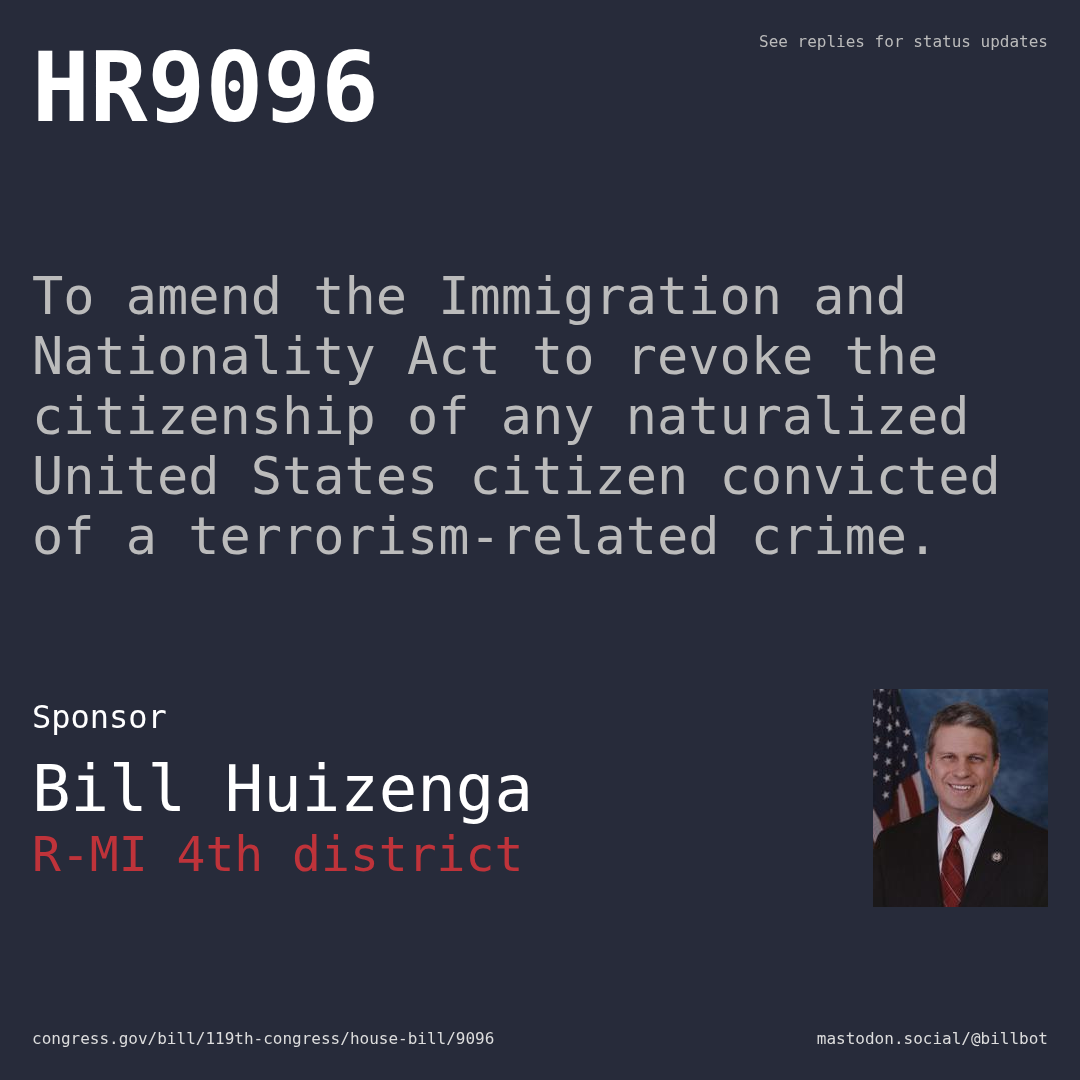 Description of HR9096, and a depiction of its sponsor, Bill Huizenga.