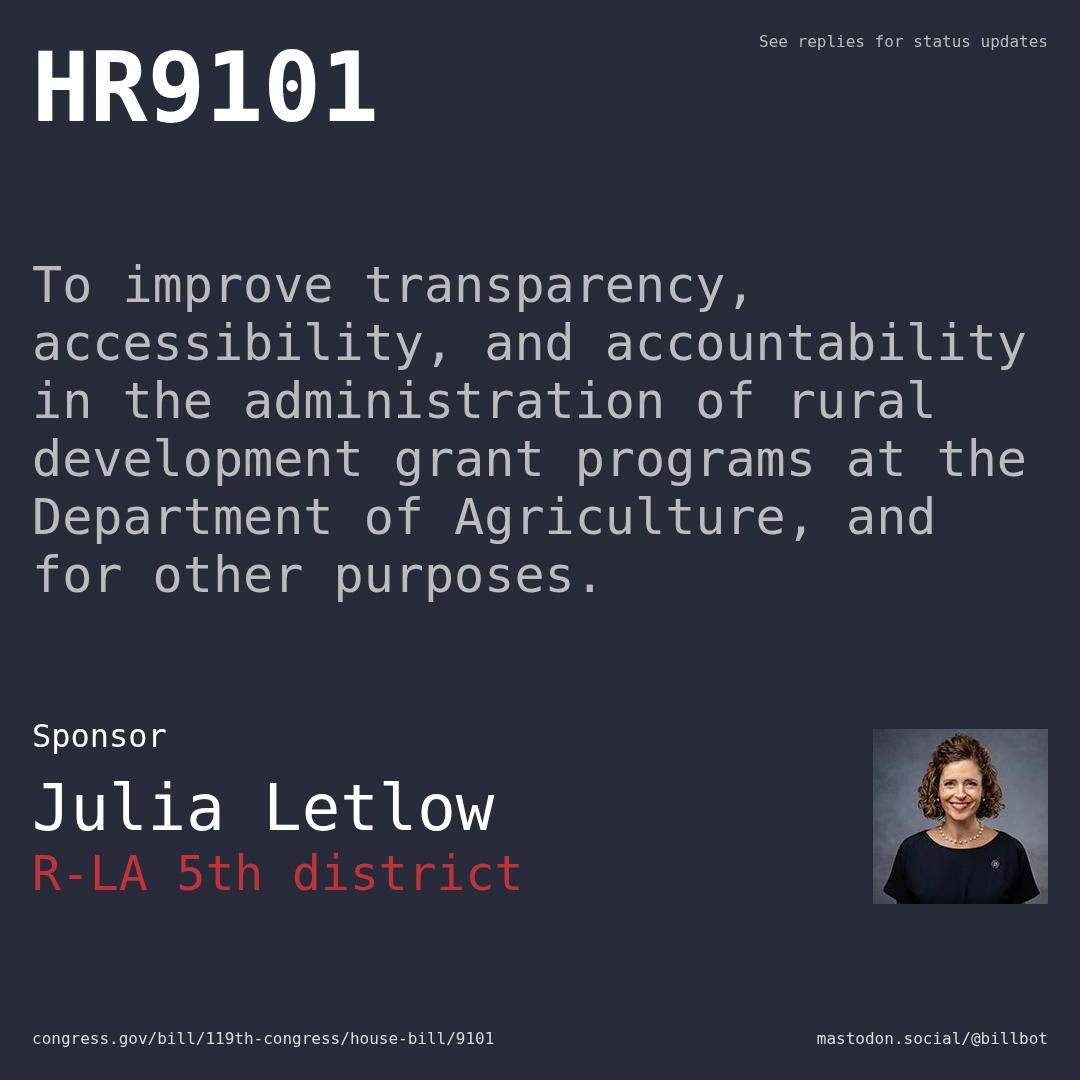 Description of HR9101, and a depiction of its sponsor, Julia Letlow.