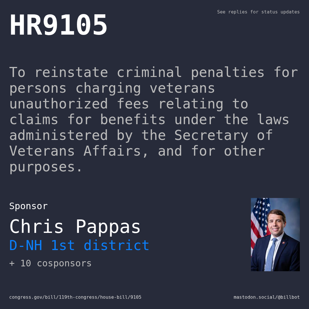 Description of HR9105, and a depiction of its sponsor, Chris Pappas.