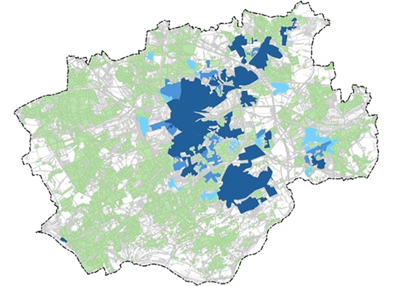 Umriß der Stadt Bochum mit blauen Markierungen