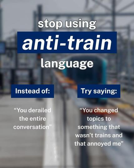 Instead of "your derailed the entire conversation" try saying "your changed the topic to something that wasn't trains and that annoyed me"