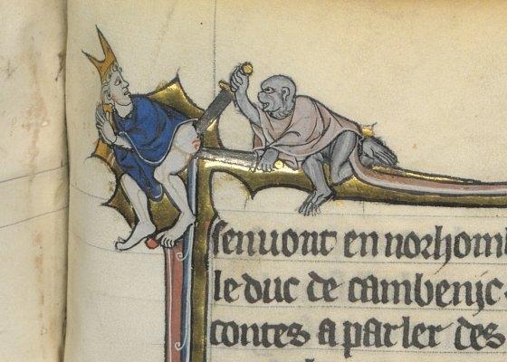 Monkey and the bishop. Robert de Boron, L’Estoire de Merlin, Northern France ca. 1280-1290. Paris, BNF, Fr. 95, fol. 214r.
#medieval #MedievalArt