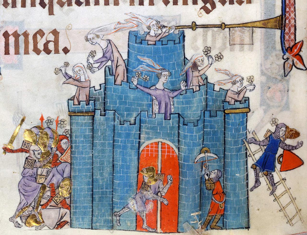 Siege of the Castle of Ladies. Luttrell Psalter, England ca. 1325-1340. British Library, Add 42130, fol. 75v.
#medieval #MedievalArt