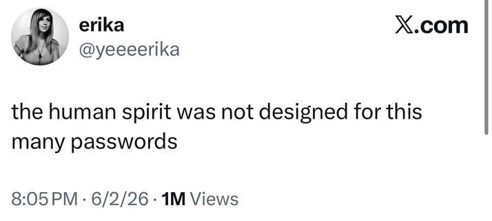 @yeeeerika says “the human spirit was not designed for this many passwords”