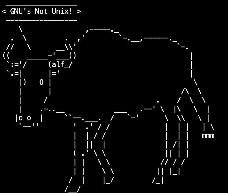Screenshot of a Linux terminal (via ssh from macOS) with an ASCII drawing of a wildebeest saying: "GNU's Not Unix!" as output from the 'cowsay' command.