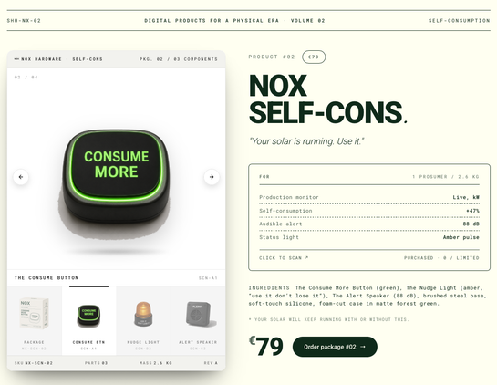 Nox self-cons

shows a large black-and-green button with the text ‘consumer more’