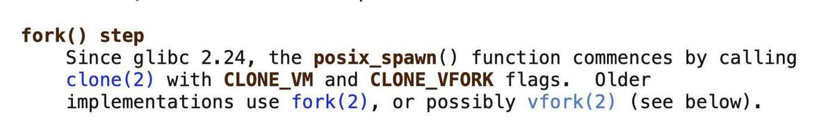 from the posix_spawn man page at https://man7.org/linux/man-pages/man3/posix_spawn.3.html:

fork() step
       Since glibc 2.24, the posix_spawn() function commences by calling
       clone(2) with CLONE_VM and CLONE_VFORK flags.  Older
       implementations use fork(2), or possibly vfork(2) [...]