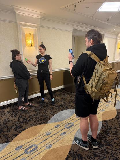 Savannah being interviewed by Mia and filmed by Artur at the PyCon US 2026 sprints