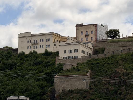 Ein historisches Schloss auf einem grünen Hügel, umgeben von dichten Bäumen und einer bewölkten Himmel. Restaurierungsarbeiten sind im Gange.
