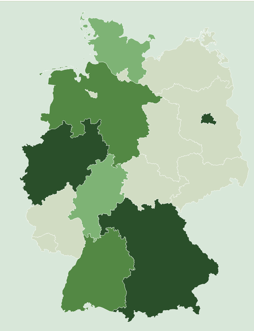 Karte vom Bundesgebiet mit eingefärbten Bundesländern.