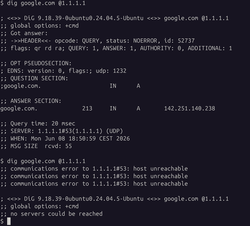 Hona hamen terminal batek erakusten nola, dig komandoa erabiliz, UDP badoa behin eta gero ez, etab. Testu osoa:

$ dig google.com @1.1.1.1 

; <<>> DiG 9.18.39-0ubuntu0.24.04.5-Ubuntu <<>> google.com @1.1.1.1
;; global options: +cmd
;; Got answer:
;; ->>HEADER<<- opcode: QUERY, status: NOERROR, id: 52737
;; flags: qr rd ra; QUERY: 1, ANSWER: 1, AUTHORITY: 0, ADDITIONAL: 1

;; OPT PSEUDOSECTION:
; EDNS: version: 0, flags:; udp: 1232
;; QUESTION SECTION:
;google.com.			IN	A

;; ANSWER SECTION:
go…