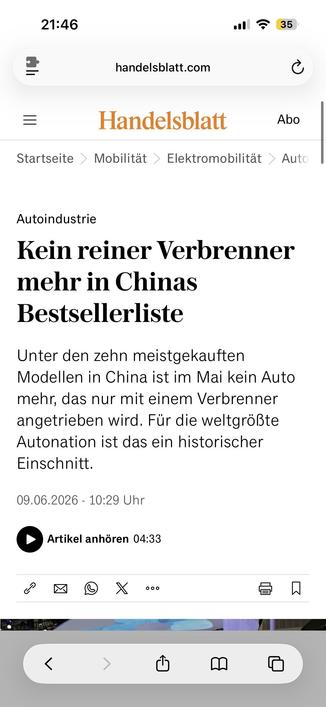 Kein reiner Verbrenner mehr in Chinas
Bestsellerliste
Unter den zehn meistgekauften Modellen in China ist im Mai kein Auto mehr, das nur mit einem Verbrenner angetrieben wird. Für die weltgrößte Autonation ist das ein historischer Einschnitt.